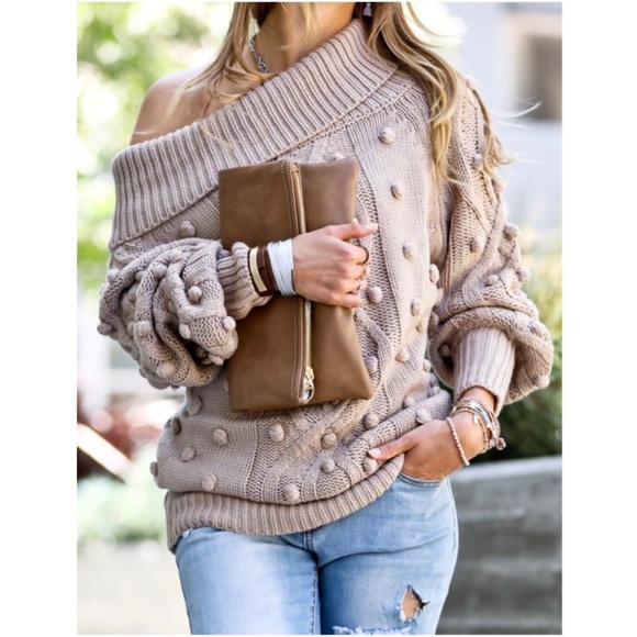 048 Cozy Off shoulder Pom Pom Oversized Sweater Top - Picture 2 of 6